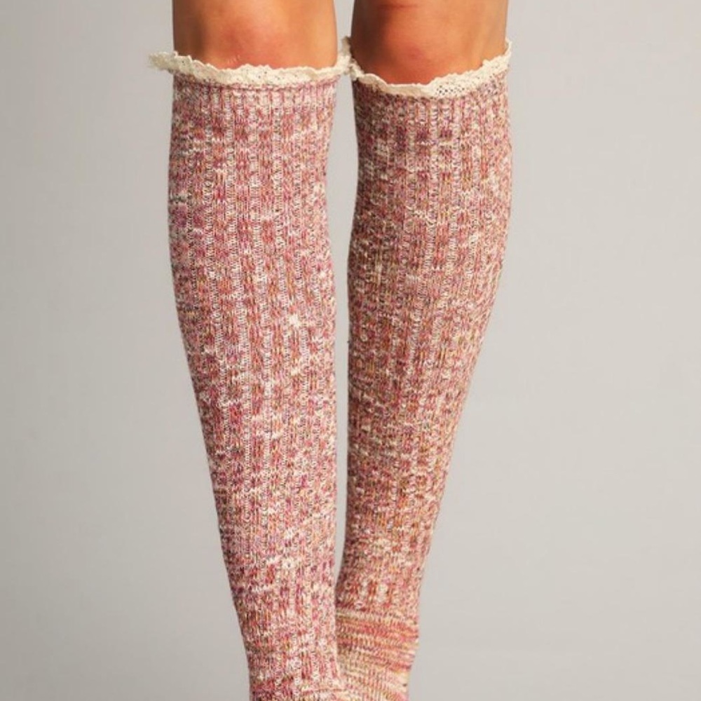 2 PAIRS Multicolored Ribbed Over the Knee Socks with Lace Top - Picture 5 of 10